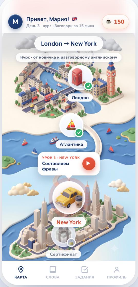 Карта языкового курса: Лондон, Атлантика, Нью-Йорк